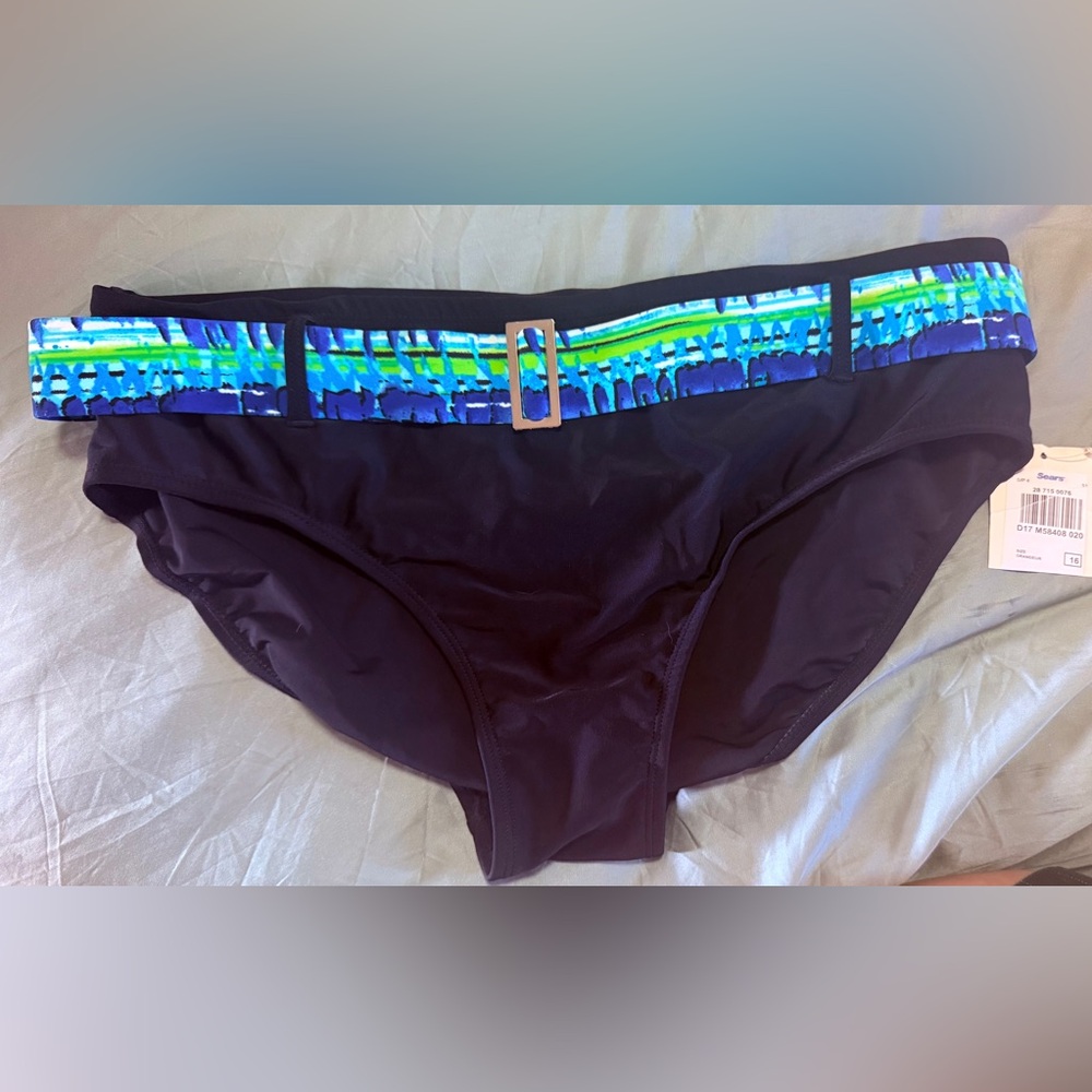 Chic Black Bikini Bottom with Vibrant Blue and Green Accents